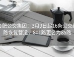 合肥公交集团：3月9日起16条公交线路恢复营运，801路更名为85路